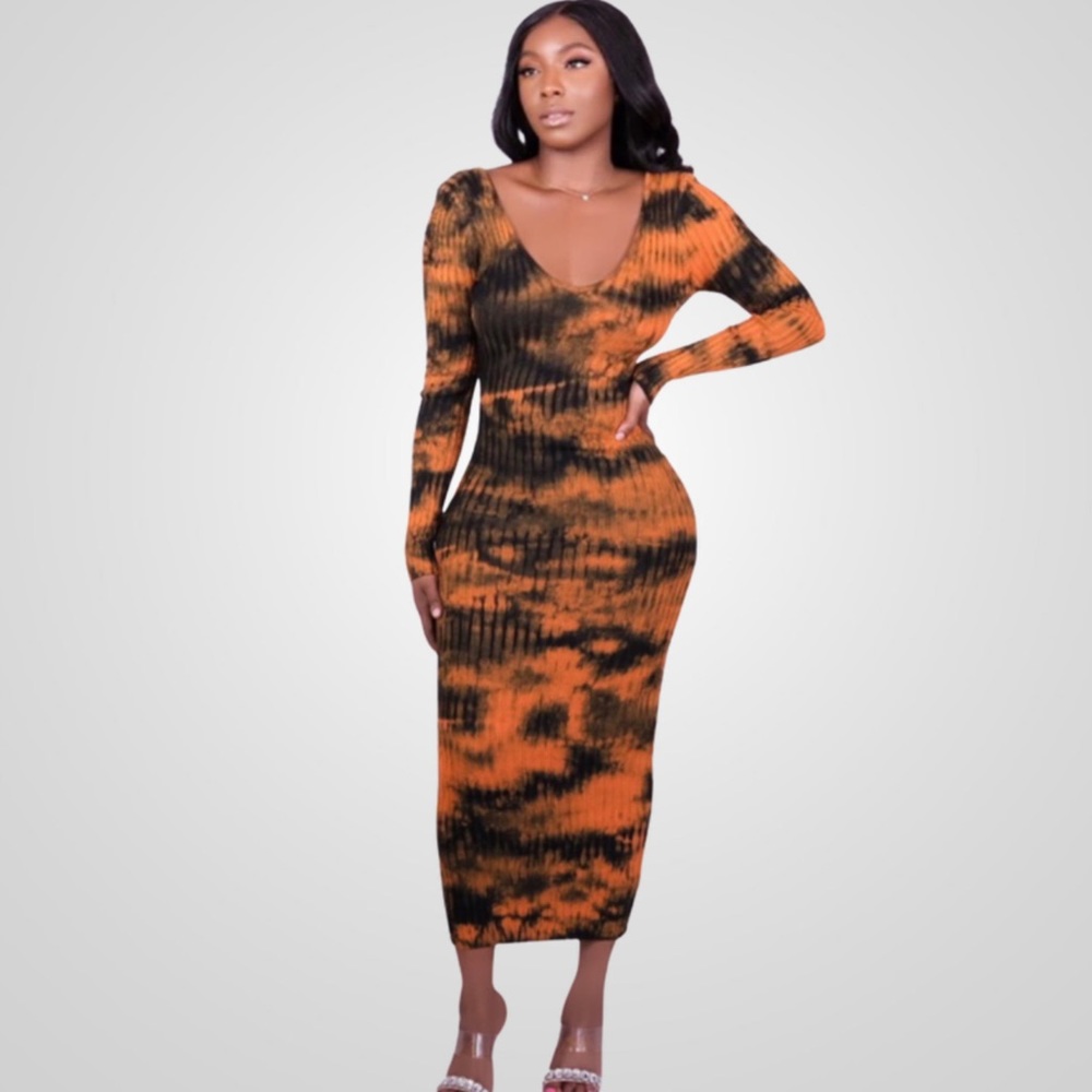 LONG SLEEVE TYE-DYE RIB MIDI DRESS